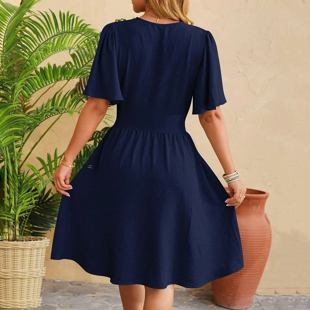 Spring/Summer Dresses for Women V-Neck Flared Sleeve Slimming Waist Ruffled Skirt Short Sleeve Beach Dress