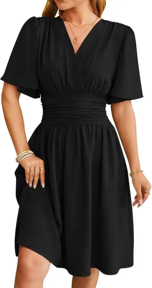Spring/Summer Dresses for Women V-Neck Flared Sleeve Slimming Waist Ruffled Skirt Short Sleeve Beach Dress