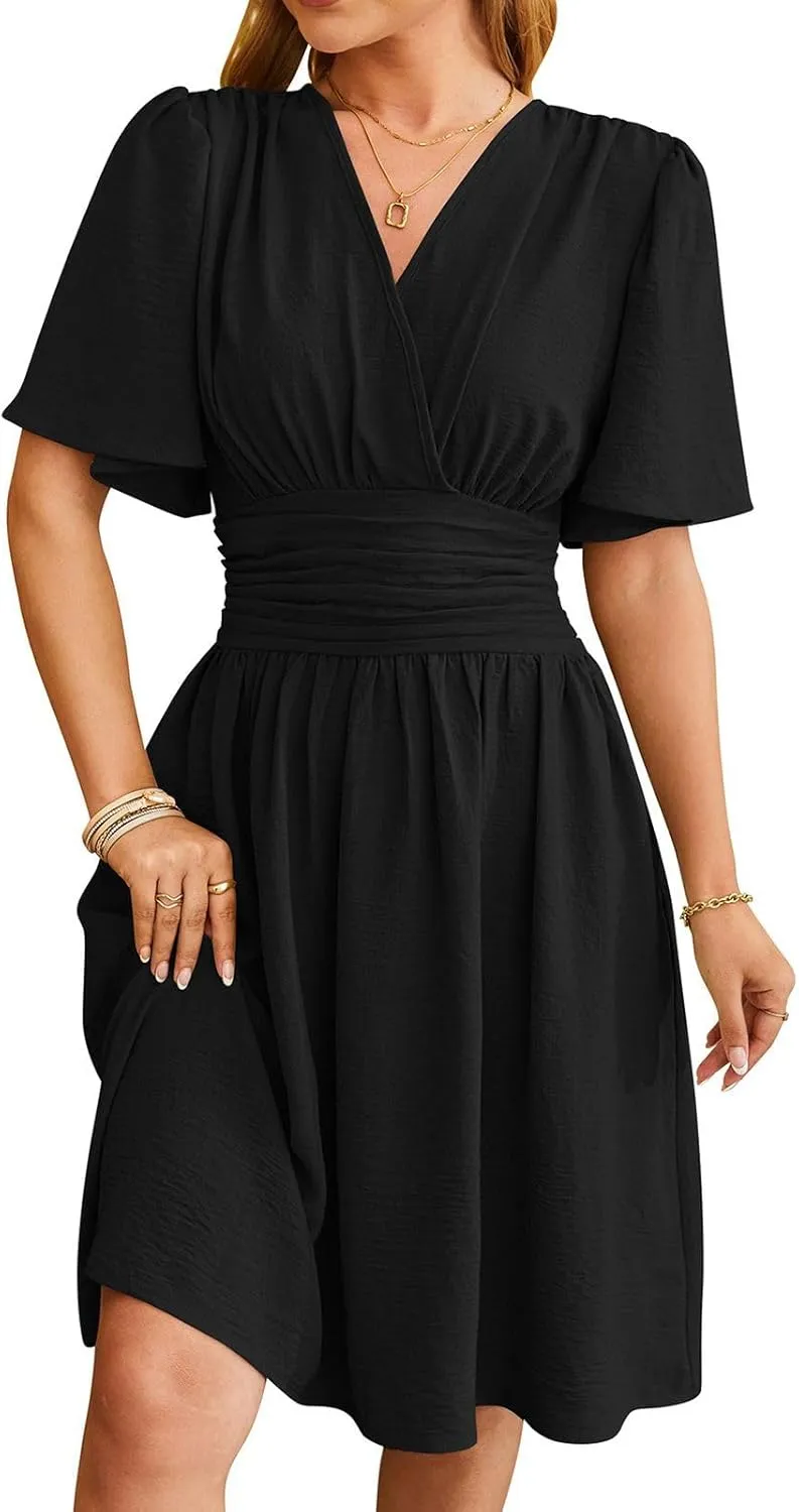 Spring/Summer Dresses for Women V-Neck Flared Sleeve Slimming Waist Ruffled Skirt Short Sleeve Beach Dress