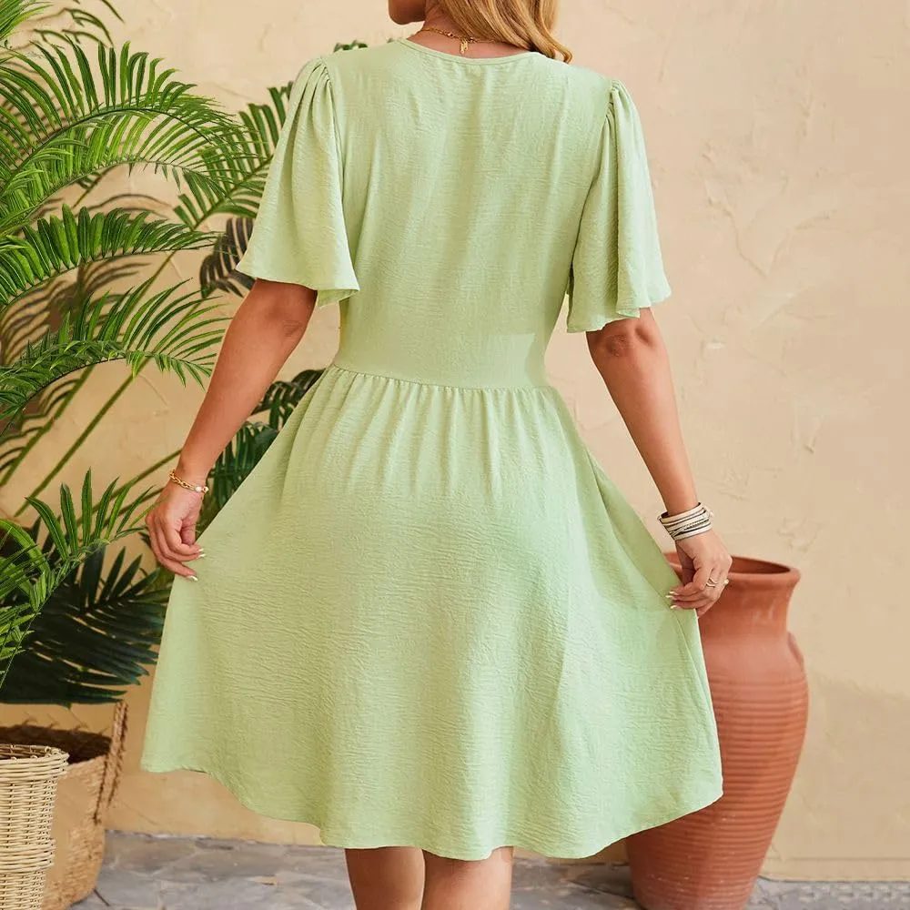 Spring/Summer Dresses for Women V-Neck Flared Sleeve Slimming Waist Ruffled Skirt Short Sleeve Beach Dress