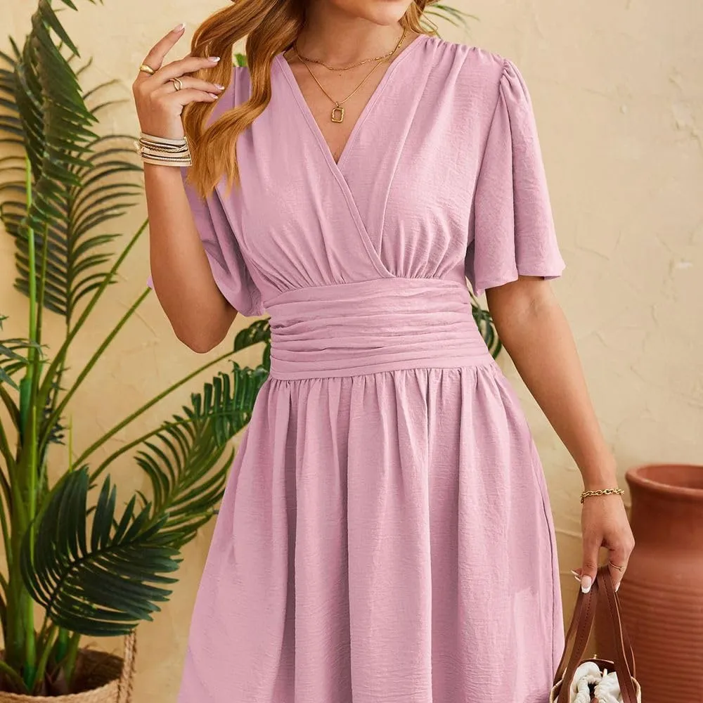 Spring/Summer Dresses for Women V-Neck Flared Sleeve Slimming Waist Ruffled Skirt Short Sleeve Beach Dress