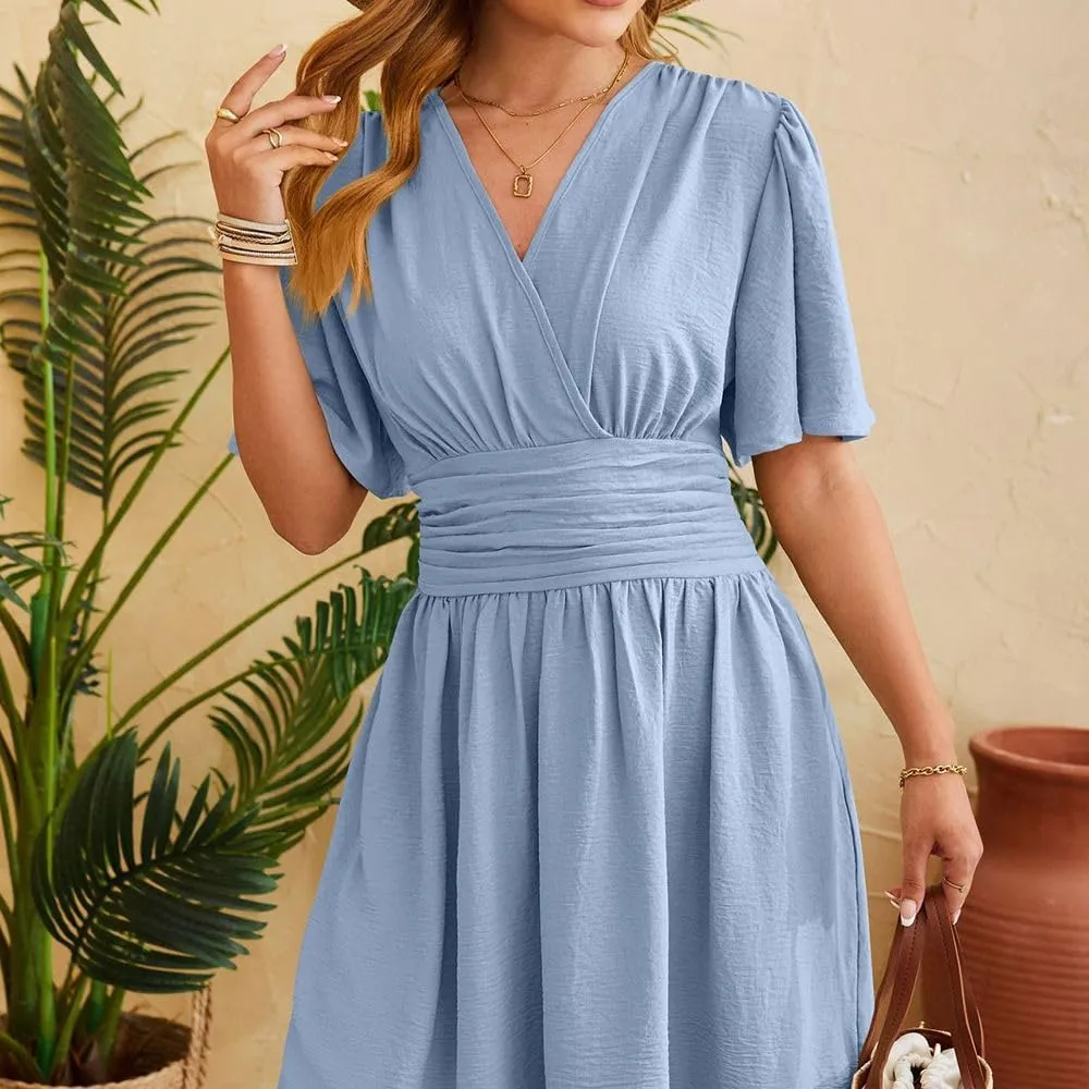 Spring/Summer Dresses for Women V-Neck Flared Sleeve Slimming Waist Ruffled Skirt Short Sleeve Beach Dress