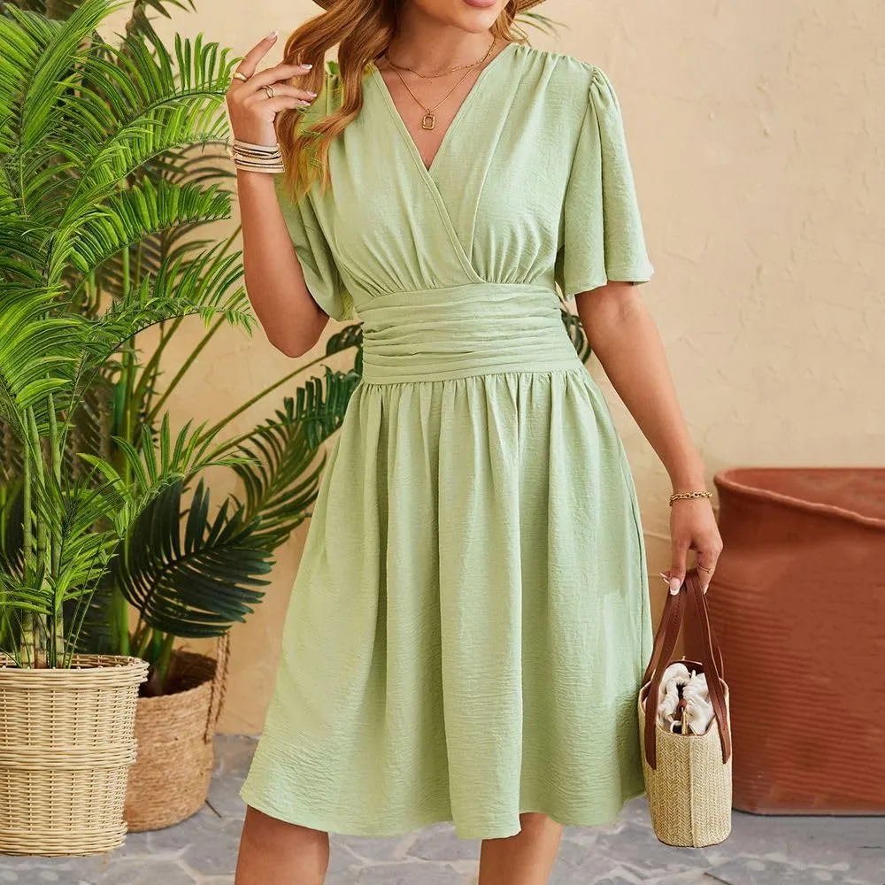 Spring/Summer Dresses for Women V-Neck Flared Sleeve Slimming Waist Ruffled Skirt Short Sleeve Beach Dress