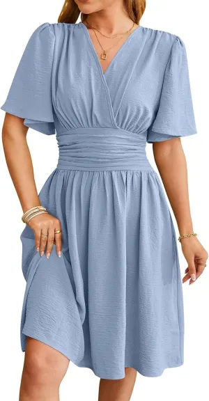 Spring/Summer Dresses for Women V-Neck Flared Sleeve Slimming Waist Ruffled Skirt Short Sleeve Beach Dress