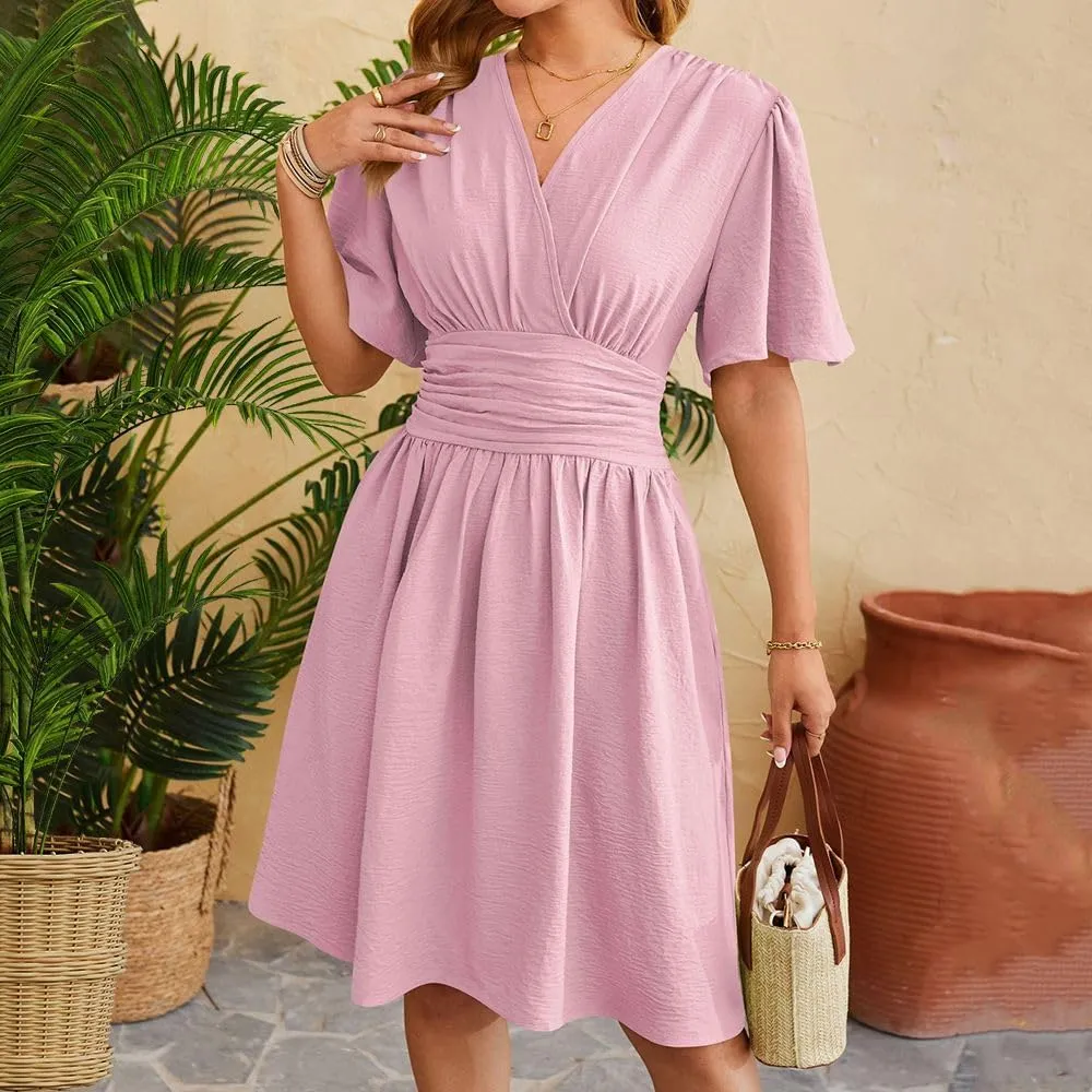 Spring/Summer Dresses for Women V-Neck Flared Sleeve Slimming Waist Ruffled Skirt Short Sleeve Beach Dress
