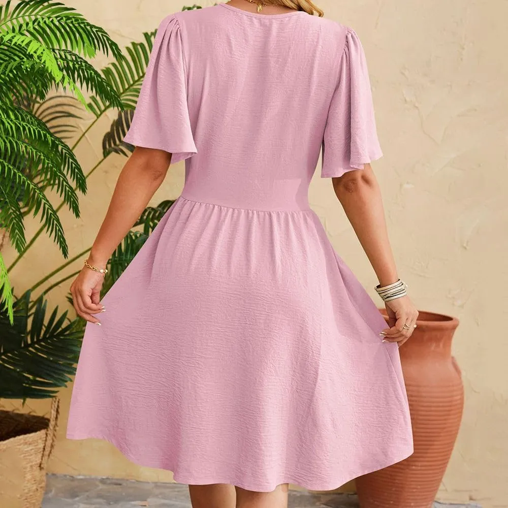 Spring/Summer Dresses for Women V-Neck Flared Sleeve Slimming Waist Ruffled Skirt Short Sleeve Beach Dress