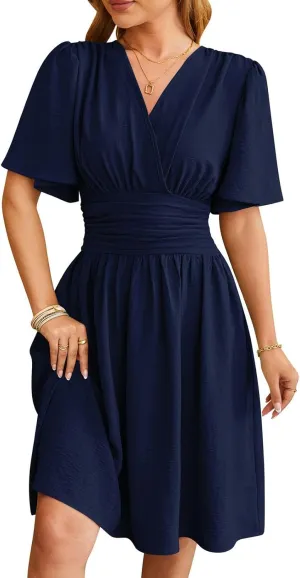 Spring/Summer Dresses for Women V-Neck Flared Sleeve Slimming Waist Ruffled Skirt Short Sleeve Beach Dress