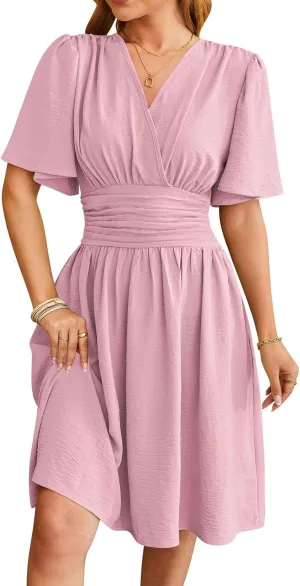 Spring/Summer Dresses for Women V-Neck Flared Sleeve Slimming Waist Ruffled Skirt Short Sleeve Beach Dress