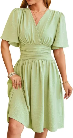 Spring/Summer Dresses for Women V-Neck Flared Sleeve Slimming Waist Ruffled Skirt Short Sleeve Beach Dress