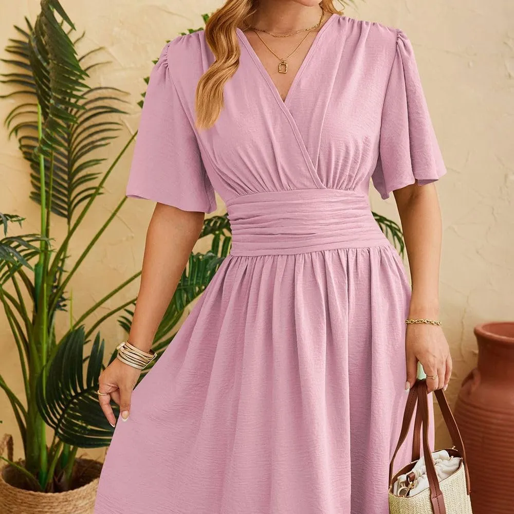 Spring/Summer Dresses for Women V-Neck Flared Sleeve Slimming Waist Ruffled Skirt Short Sleeve Beach Dress