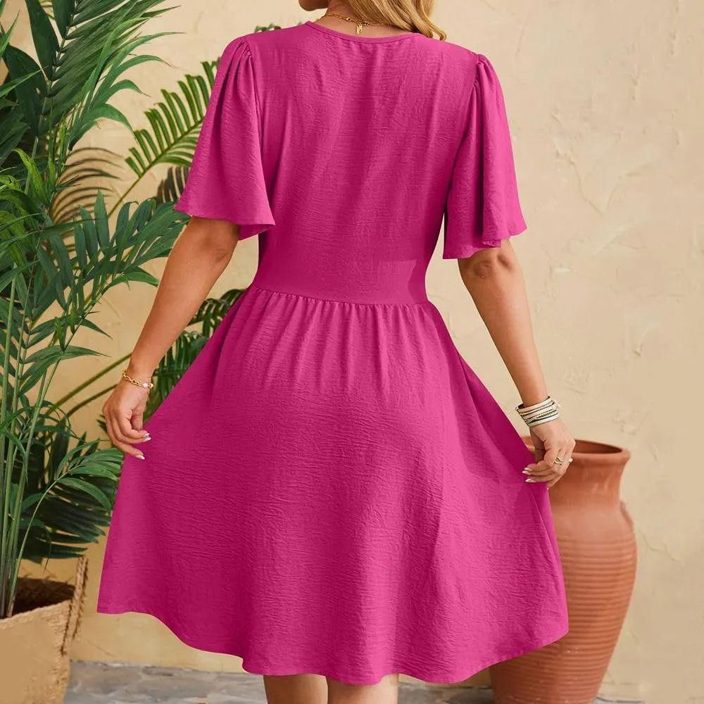 Spring/Summer Dresses for Women V-Neck Flared Sleeve Slimming Waist Ruffled Skirt Short Sleeve Beach Dress