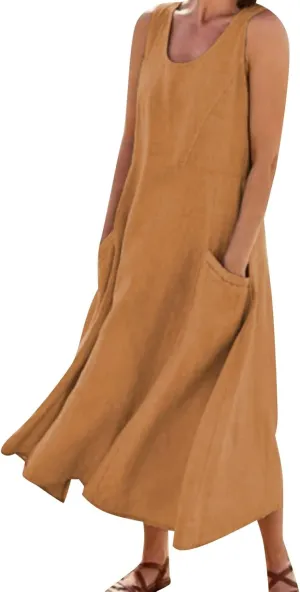 Summer Beach Dresses for Women Casual Loose Flowy Maxi Dress with Pocket Plus Size Bohemian Sleeveless Sundress Ladies