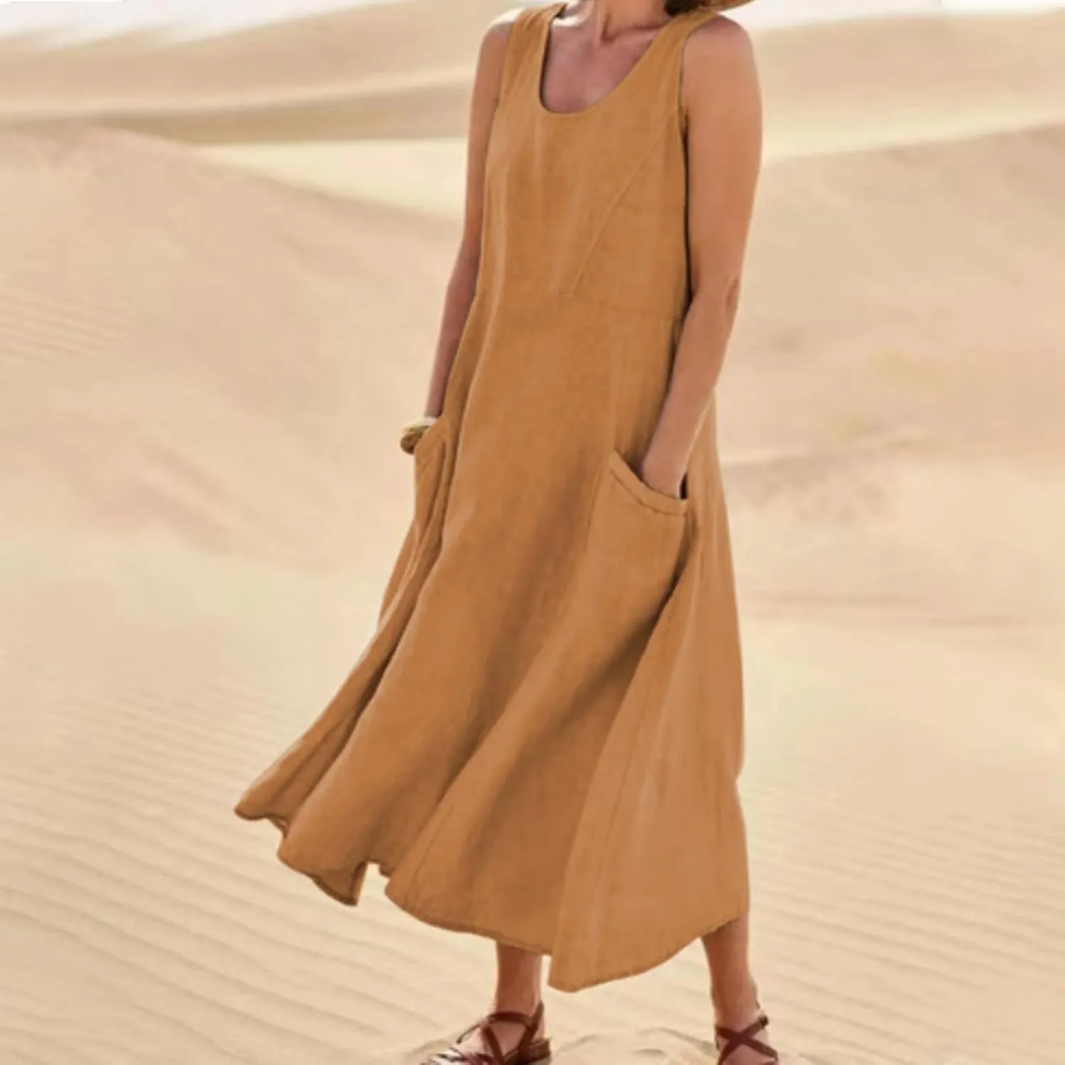Summer Beach Dresses for Women Casual Loose Flowy Maxi Dress with Pocket Plus Size Bohemian Sleeveless Sundress Ladies