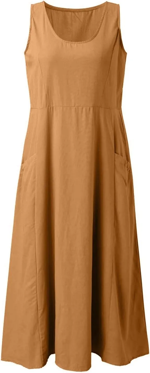 Summer Beach Dresses for Women Casual Loose Flowy Maxi Dress with Pocket Plus Size Bohemian Sleeveless Sundress Ladies