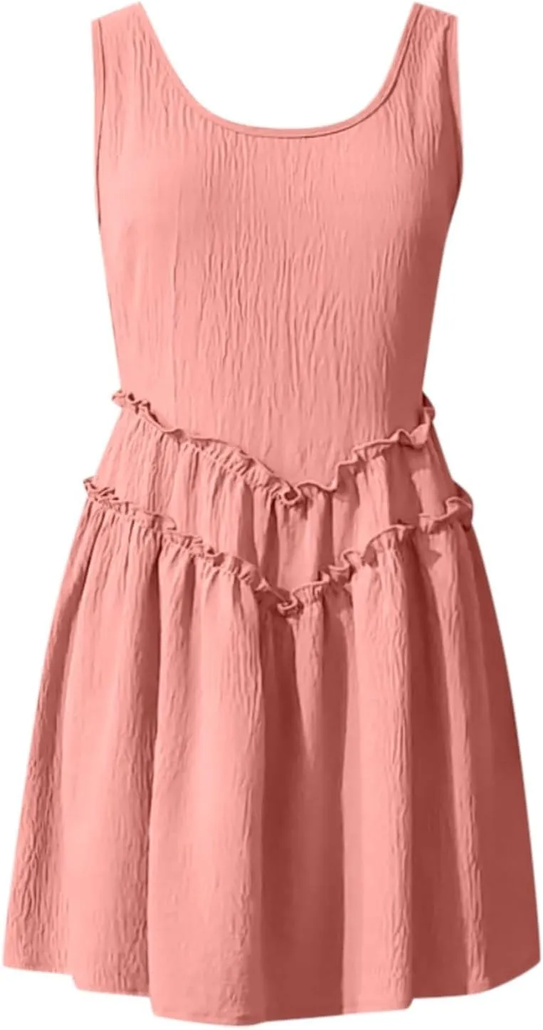Summer Beach Vacation Dress for Women Fitted Sleeveless Layered Ruffle Hem Mini Dress Cute Church Summer Outfit 2025