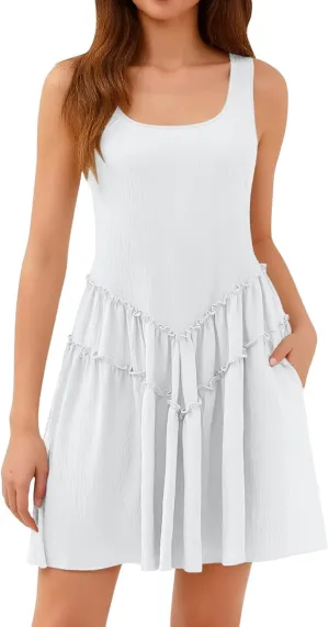 Summer Beach Vacation Dress for Women Fitted Sleeveless Layered Ruffle Hem Mini Dress Cute Church Summer Outfit 2025