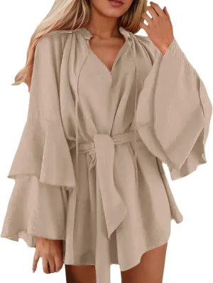 Summer Church Dresses for Women Cute Flowy Tiered Long Sleeve Tie Belt Shirt Mini Dress Petite Evening Party Beach Cover Ups