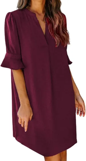 Summer Dresses for Women 2024 Casual V Neck Stylish Tunic Dress Ruffle Short Sleeve Solid Color Loose Flowy Shirt Dresses