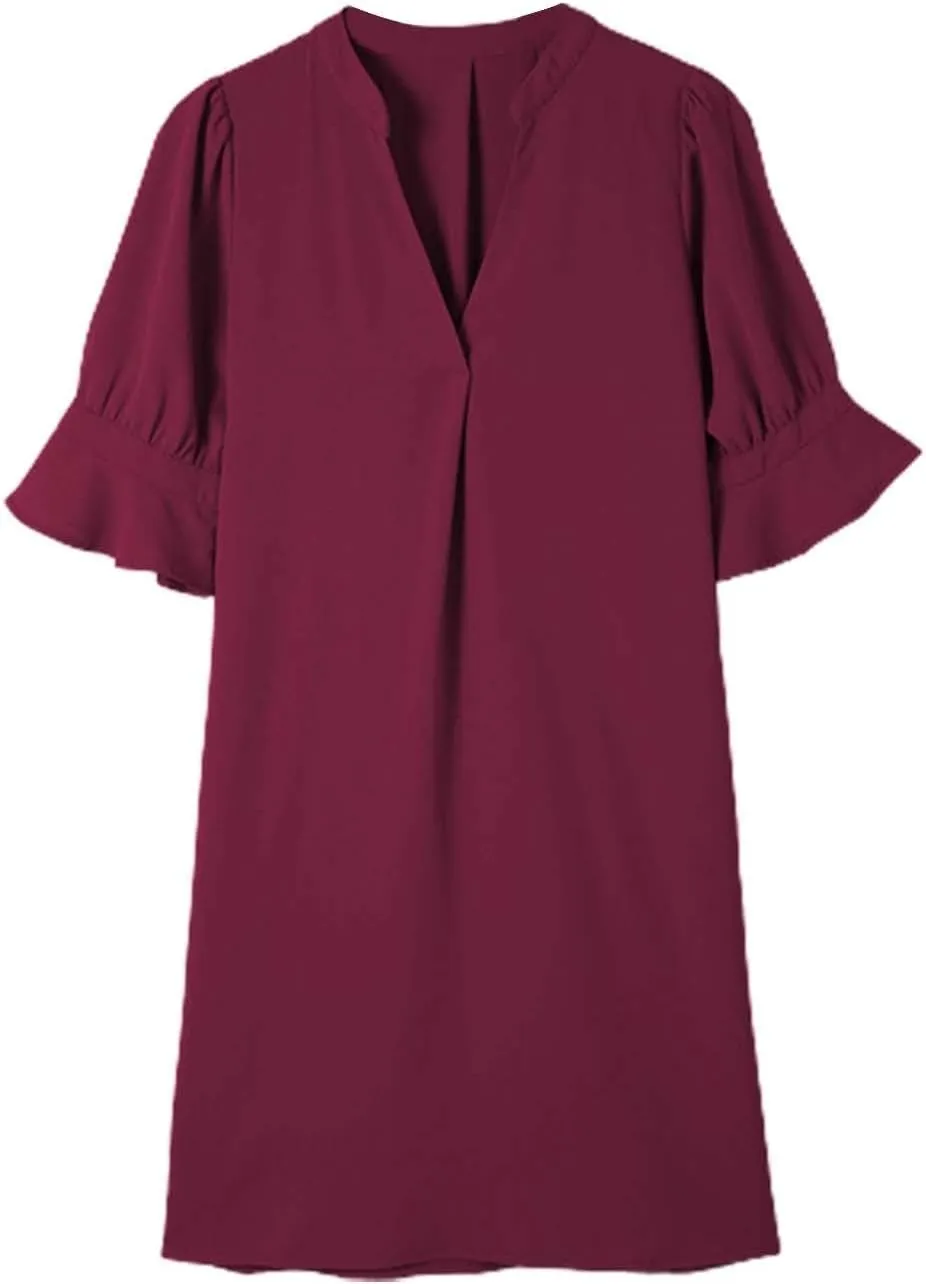 Summer Dresses for Women 2024 Casual V Neck Stylish Tunic Dress Ruffle Short Sleeve Solid Color Loose Flowy Shirt Dresses