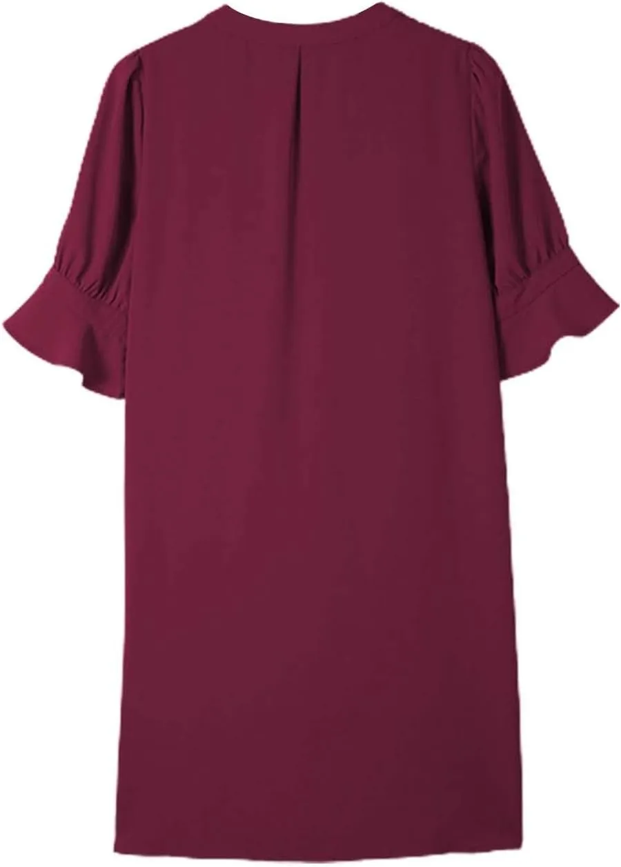 Summer Dresses for Women 2024 Casual V Neck Stylish Tunic Dress Ruffle Short Sleeve Solid Color Loose Flowy Shirt Dresses