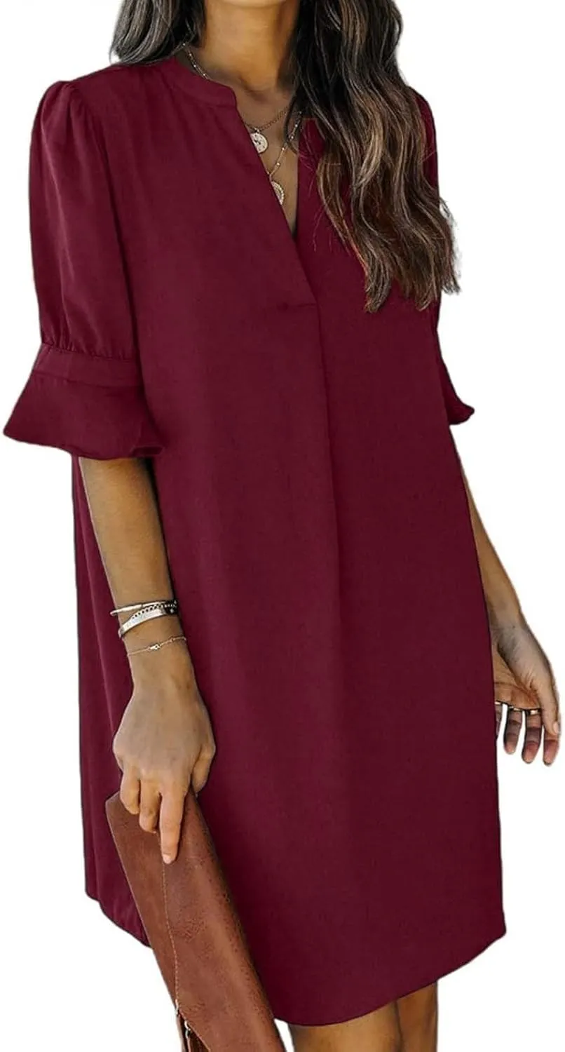 Summer Dresses for Women 2024 Casual V Neck Stylish Tunic Dress Ruffle Short Sleeve Solid Color Loose Flowy Shirt Dresses