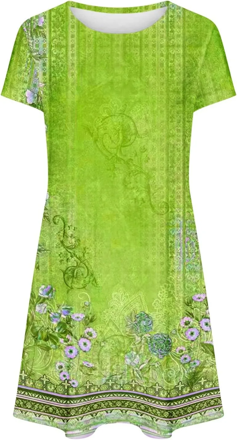 Summer Dresses for Women 2025 Beach Loose Vacation Sun Dress Boho Short Sleeve Dress Casual Floral Print Sundresses