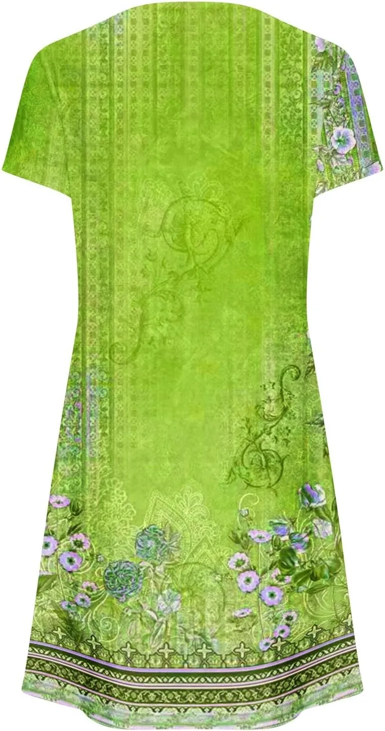 Summer Dresses for Women 2025 Beach Loose Vacation Sun Dress Boho Short Sleeve Dress Casual Floral Print Sundresses