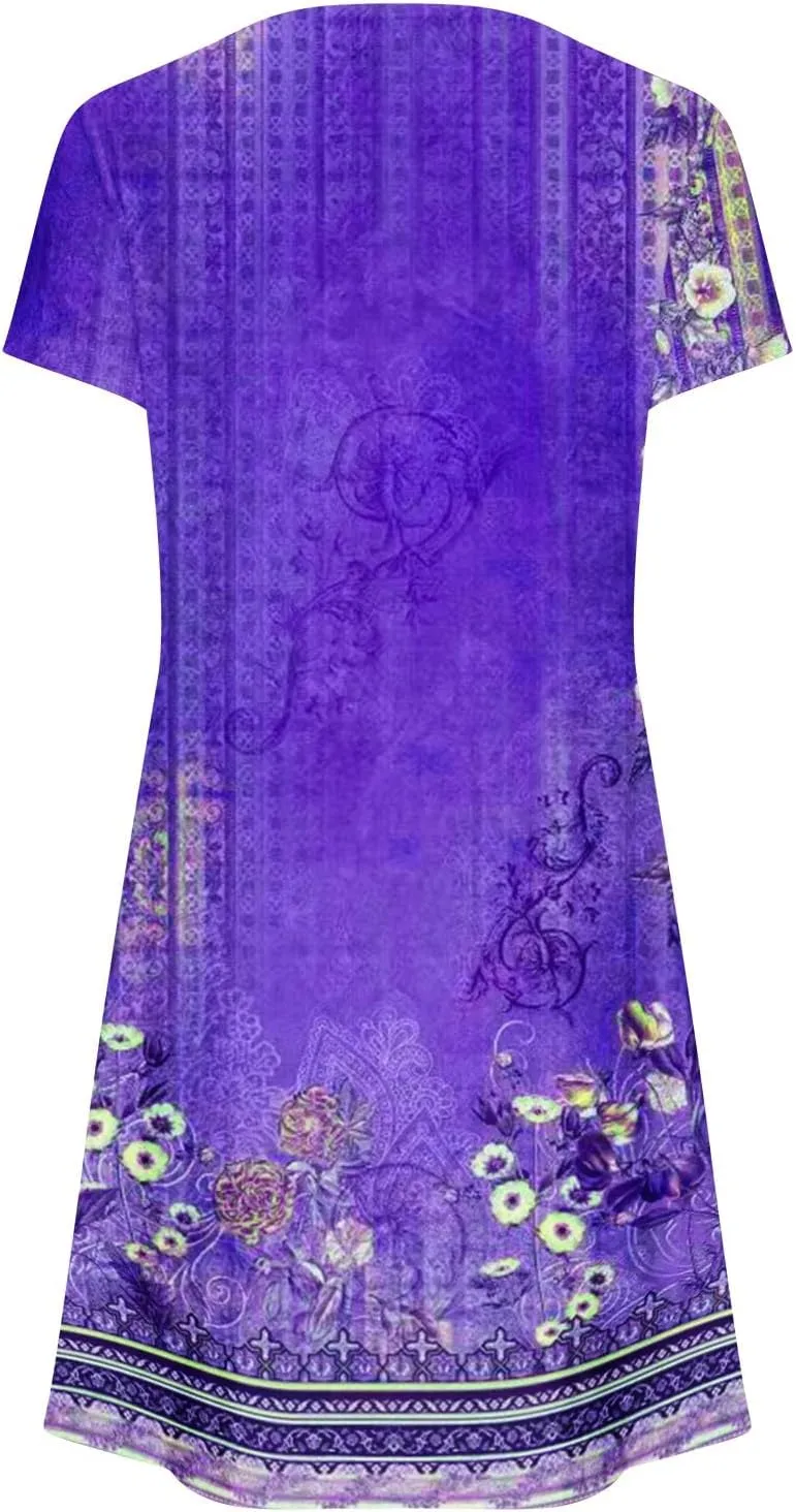 Summer Dresses for Women 2025 Beach Loose Vacation Sun Dress Boho Short Sleeve Dress Casual Floral Print Sundresses