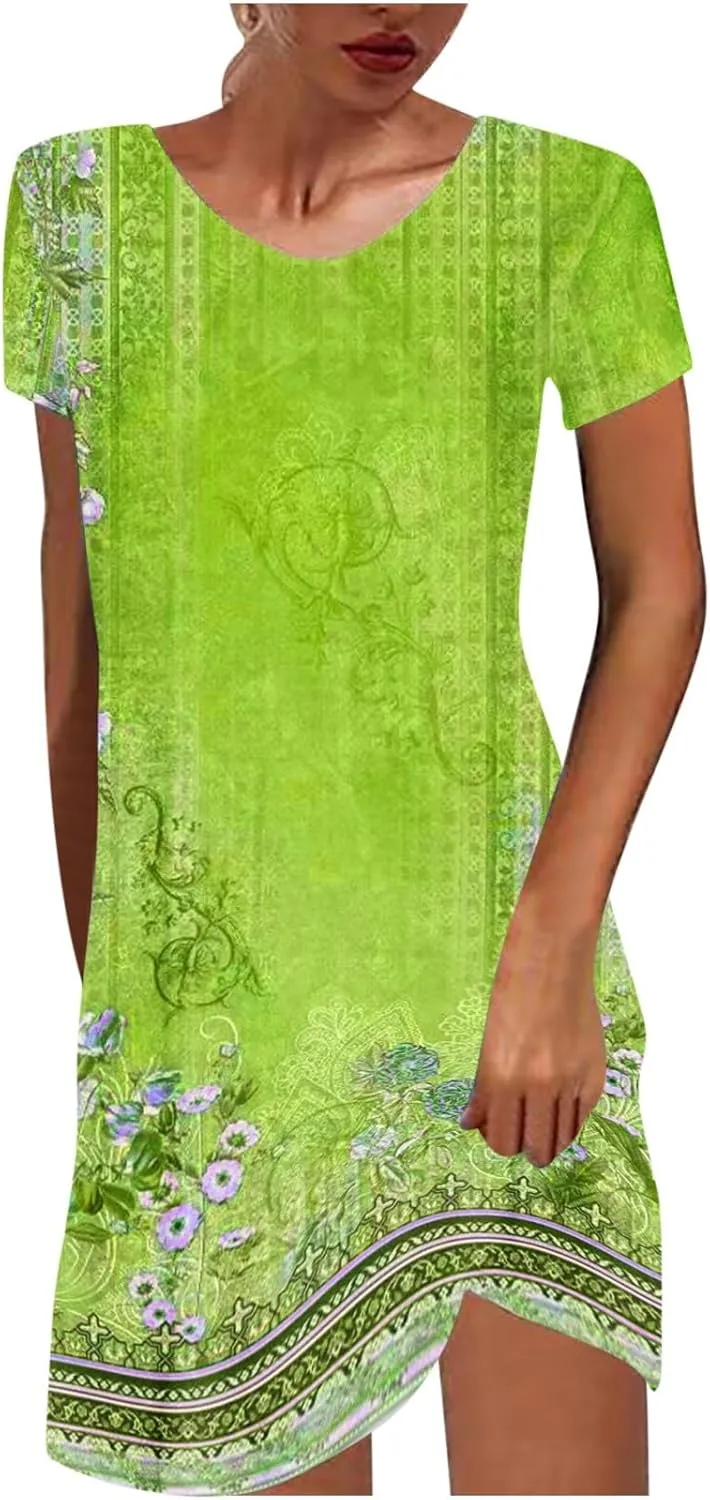 Summer Dresses for Women 2025 Beach Loose Vacation Sun Dress Boho Short Sleeve Dress Casual Floral Print Sundresses