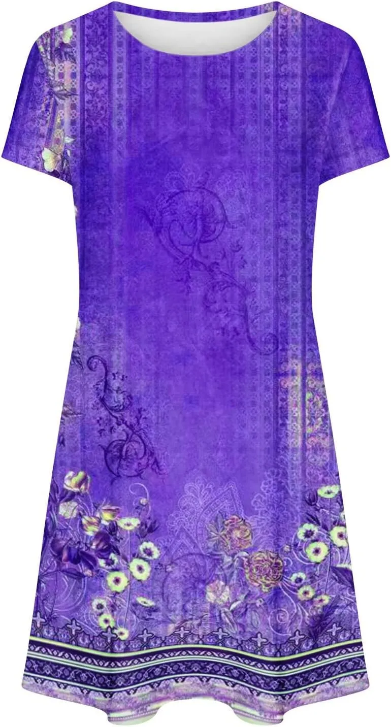 Summer Dresses for Women 2025 Beach Loose Vacation Sun Dress Boho Short Sleeve Dress Casual Floral Print Sundresses