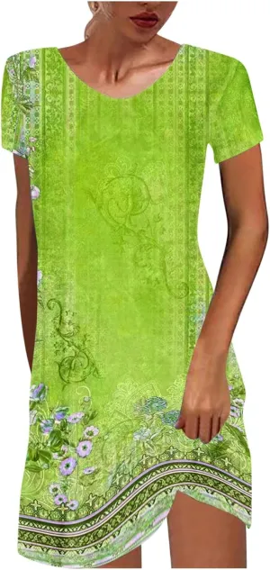 Summer Dresses for Women 2025 Beach Loose Vacation Sun Dress Boho Short Sleeve Dress Casual Floral Print Sundresses
