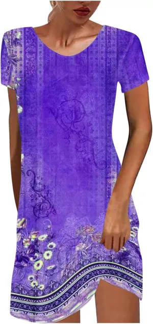 Summer Dresses for Women 2025 Beach Loose Vacation Sun Dress Boho Short Sleeve Dress Casual Floral Print Sundresses
