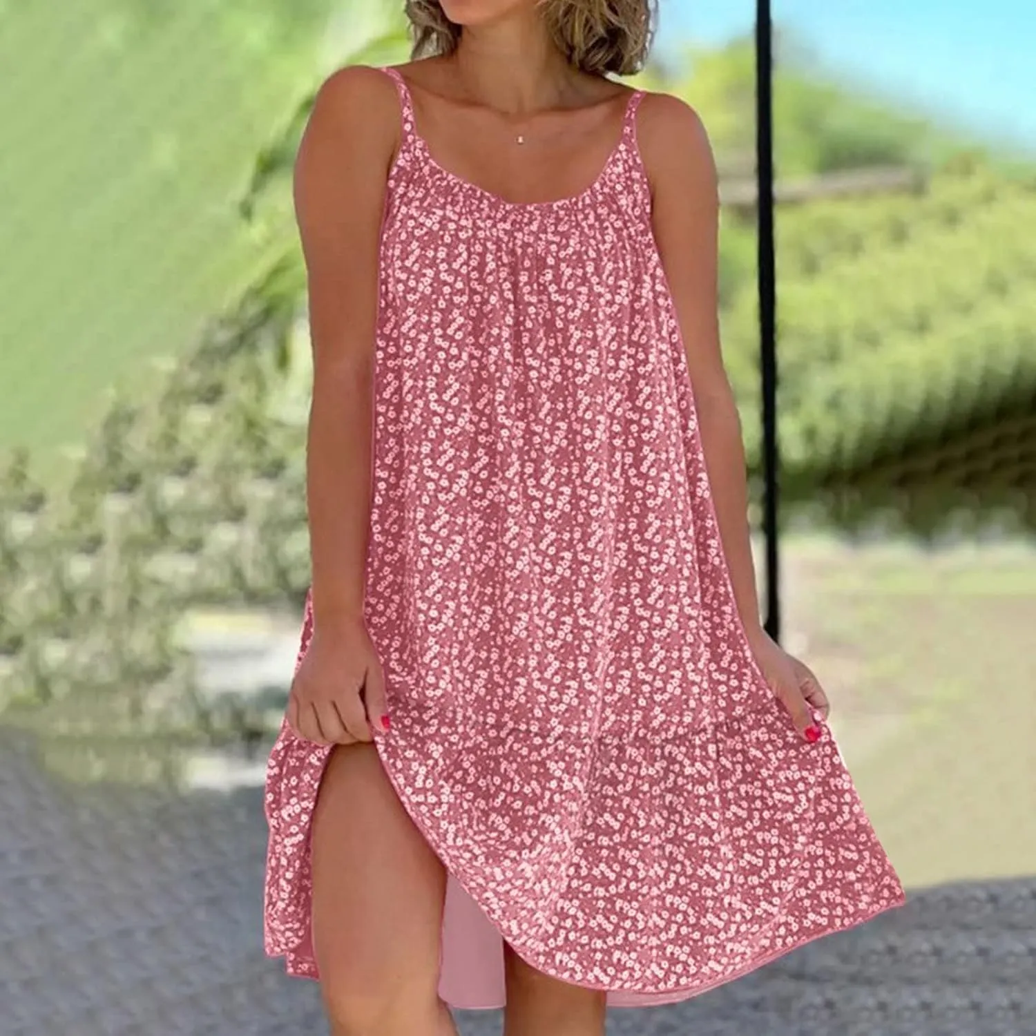 Summer Dresses for Women 2025,Women's Loose Fit Floral Printed Dress Sleeveless Spaghetti Straps Mini Camisole Dresses