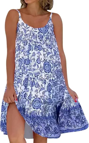 Summer Dresses for Women 2025,Women's Loose Fit Floral Printed Dress Sleeveless Spaghetti Straps Mini Camisole Dresses