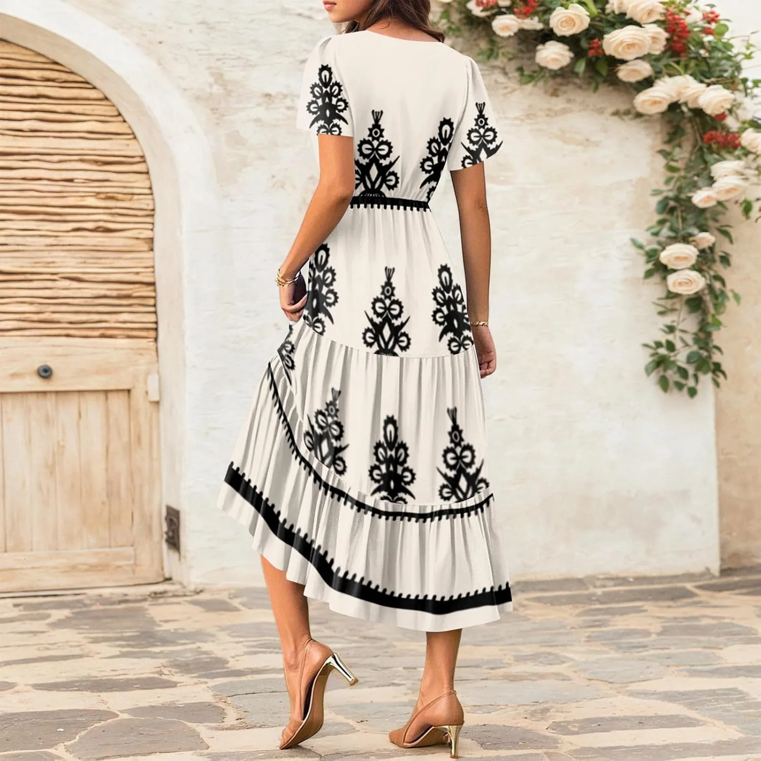 Summer Dresses for Women Boho Maxi Dresses Casual V Neck Short Sleeve A-line Empire Waist Long Flowy Beach Dress