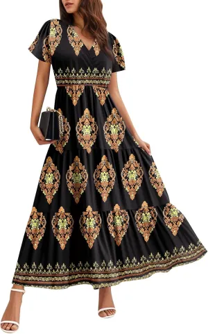 Summer Dresses for Women Boho Maxi Dresses Casual V Neck Short Sleeve A-line Empire Waist Long Flowy Beach Dress