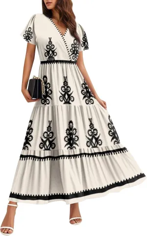 Summer Dresses for Women Boho Maxi Dresses Casual V Neck Short Sleeve A-line Empire Waist Long Flowy Beach Dress