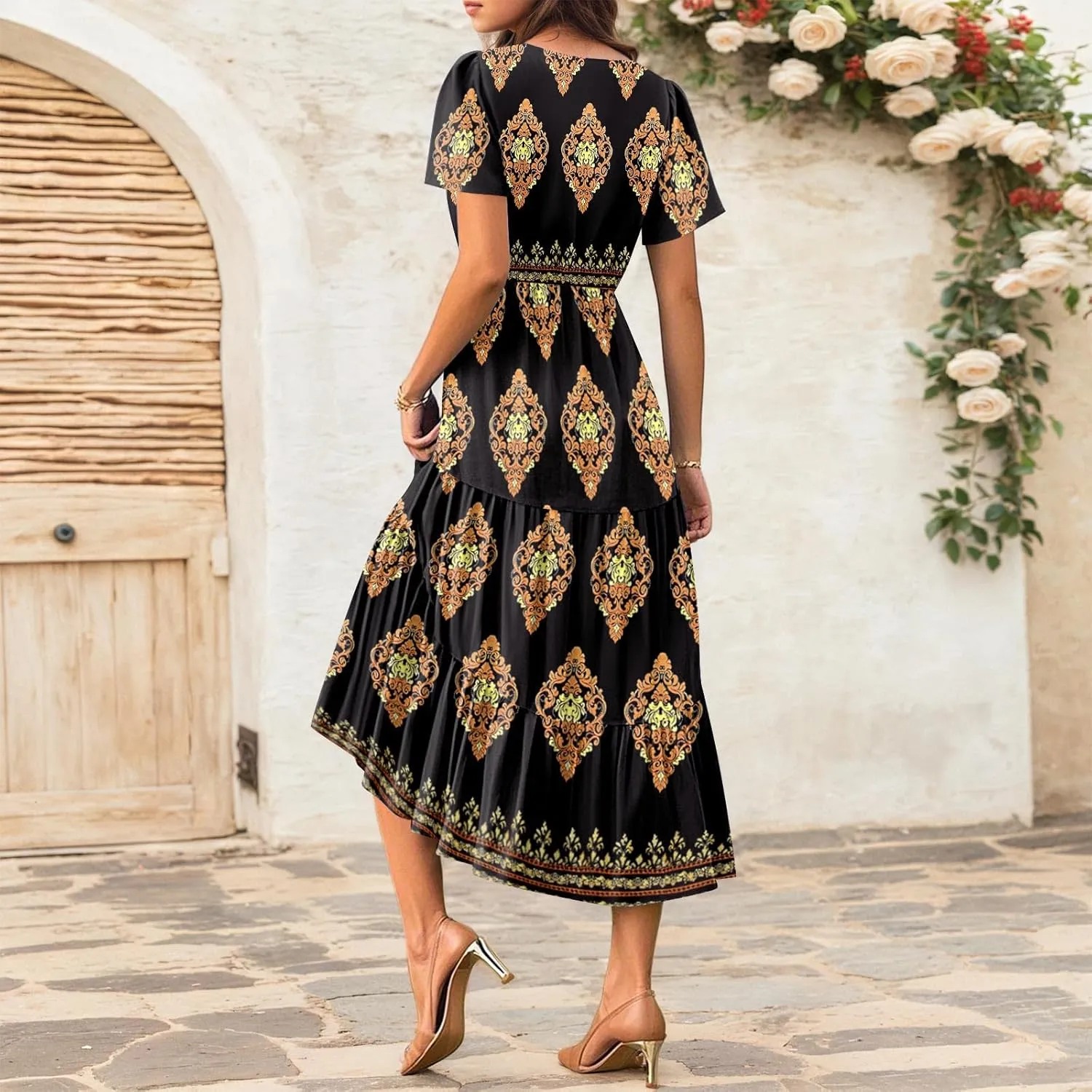 Summer Dresses for Women Boho Maxi Dresses Casual V Neck Short Sleeve A-line Empire Waist Long Flowy Beach Dress