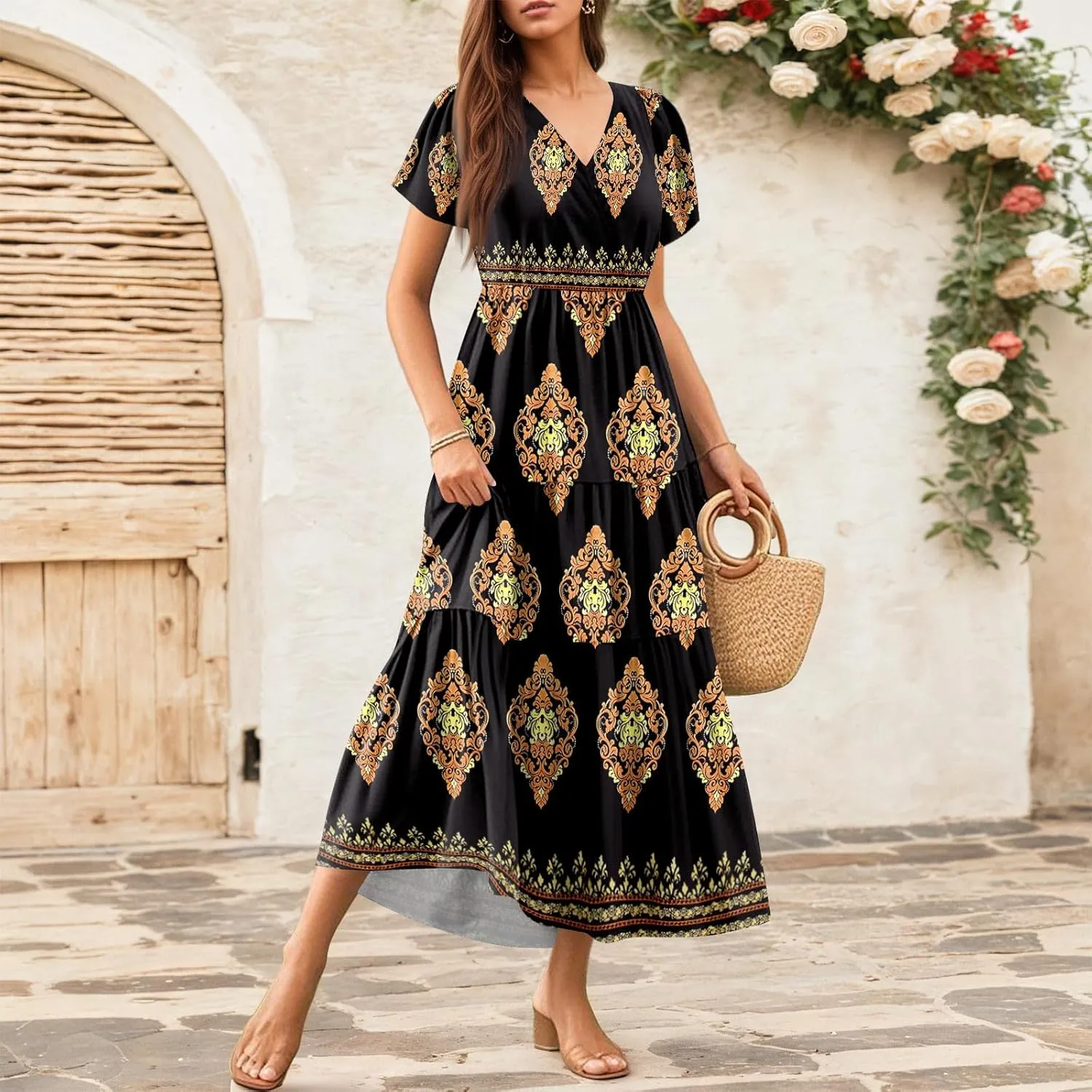 Summer Dresses for Women Boho Maxi Dresses Casual V Neck Short Sleeve A-line Empire Waist Long Flowy Beach Dress