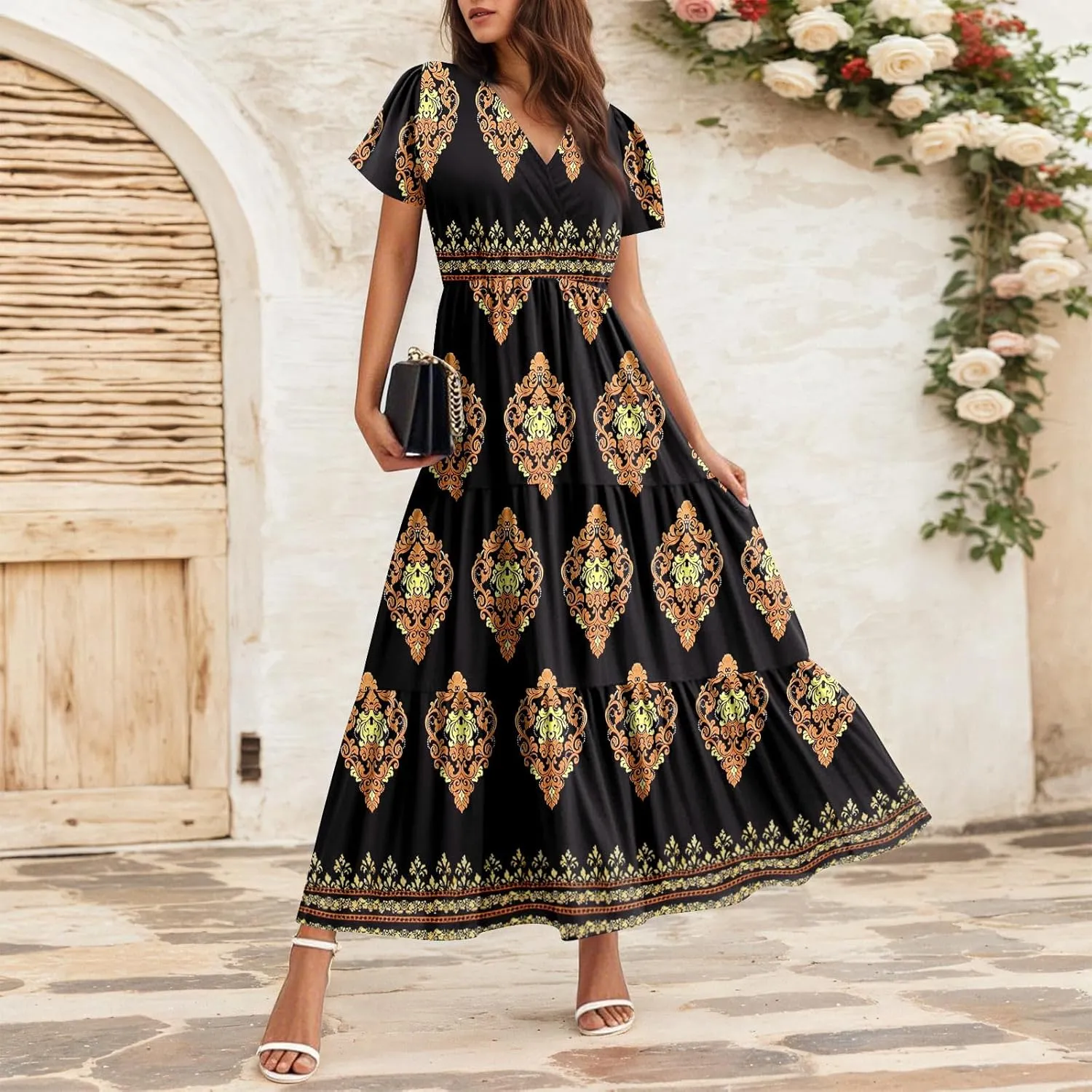 Summer Dresses for Women Boho Maxi Dresses Casual V Neck Short Sleeve A-line Empire Waist Long Flowy Beach Dress