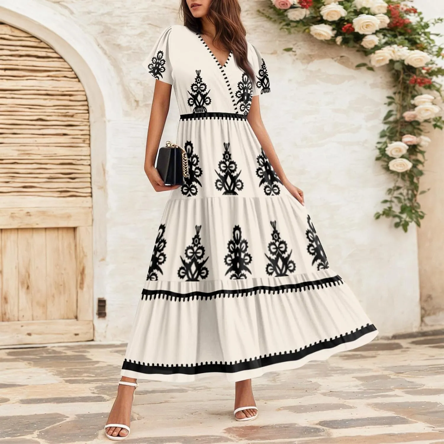 Summer Dresses for Women Boho Maxi Dresses Casual V Neck Short Sleeve A-line Empire Waist Long Flowy Beach Dress