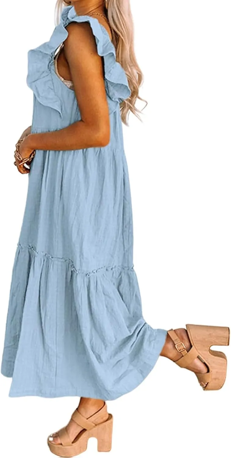 Summer Dresses for Women Casual Ruffle Cap Sleeve Maxi Dress Aline Flowy Tiered Baby Doll Dress Long Beach Sundress