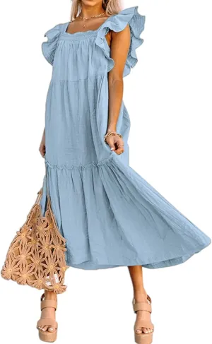 Summer Dresses for Women Casual Ruffle Cap Sleeve Maxi Dress Aline Flowy Tiered Baby Doll Dress Long Beach Sundress