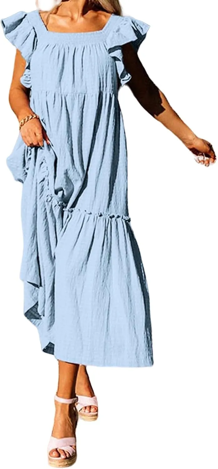 Summer Dresses for Women Casual Ruffle Cap Sleeve Maxi Dress Aline Flowy Tiered Baby Doll Dress Long Beach Sundress