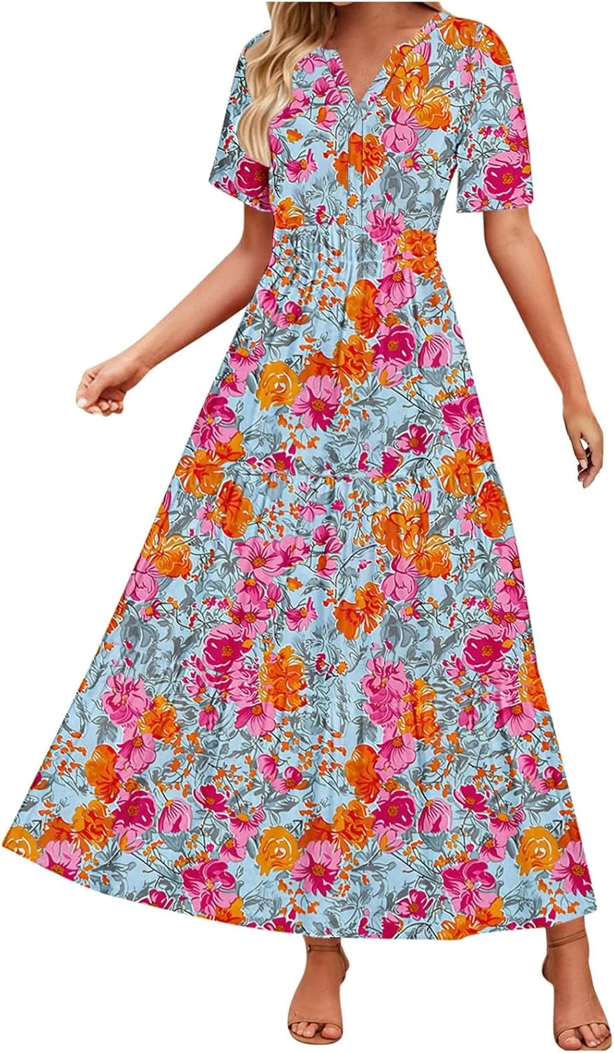 Summer Dresses for Women Casual Sexy Boho Floral Dress Short Sleeve Flowy Beach Vacation Midi Dresses