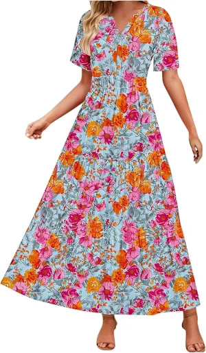 Summer Dresses for Women Casual Sexy Boho Floral Dress Short Sleeve Flowy Beach Vacation Midi Dresses