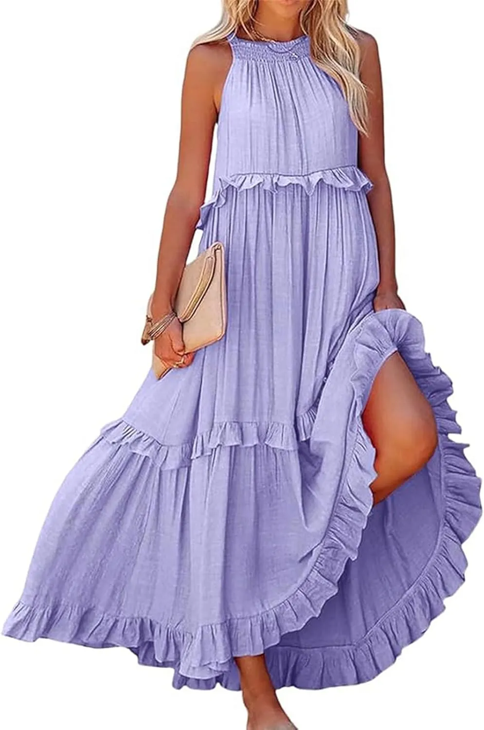 Summer Tiered Dresses For Women 2025 High Neck Pleated A Line Swing Maxi Dresses 2025 Flowy Ruffle Elegant Dress