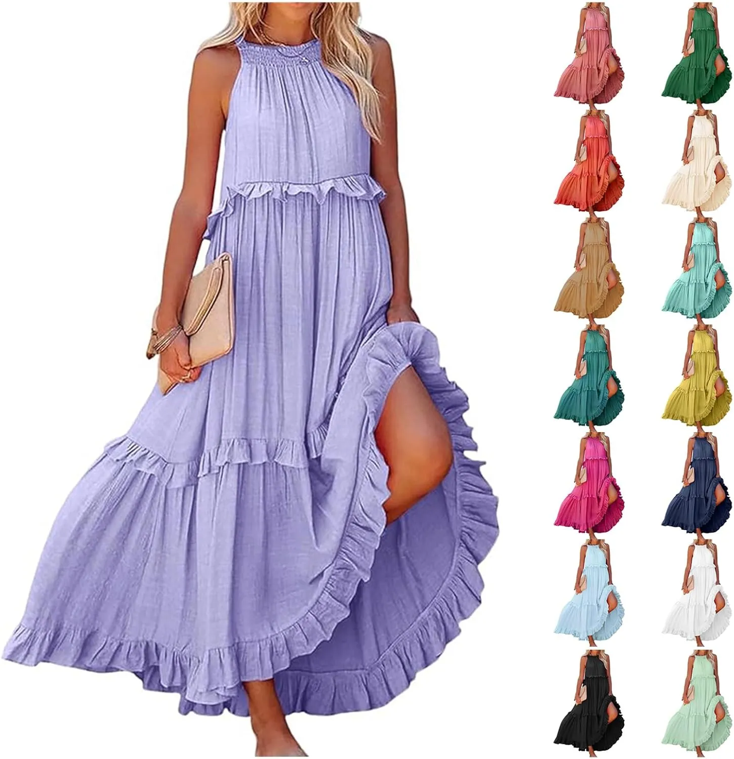 Summer Tiered Dresses For Women 2025 High Neck Pleated A Line Swing Maxi Dresses 2025 Flowy Ruffle Elegant Dress