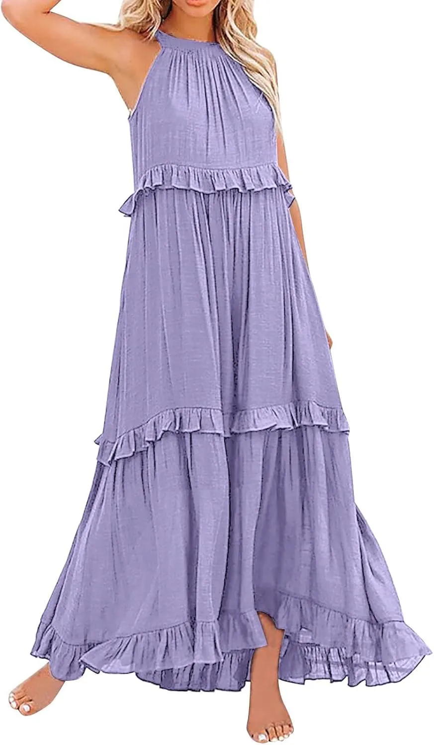 Summer Tiered Dresses For Women 2025 High Neck Pleated A Line Swing Maxi Dresses 2025 Flowy Ruffle Elegant Dress