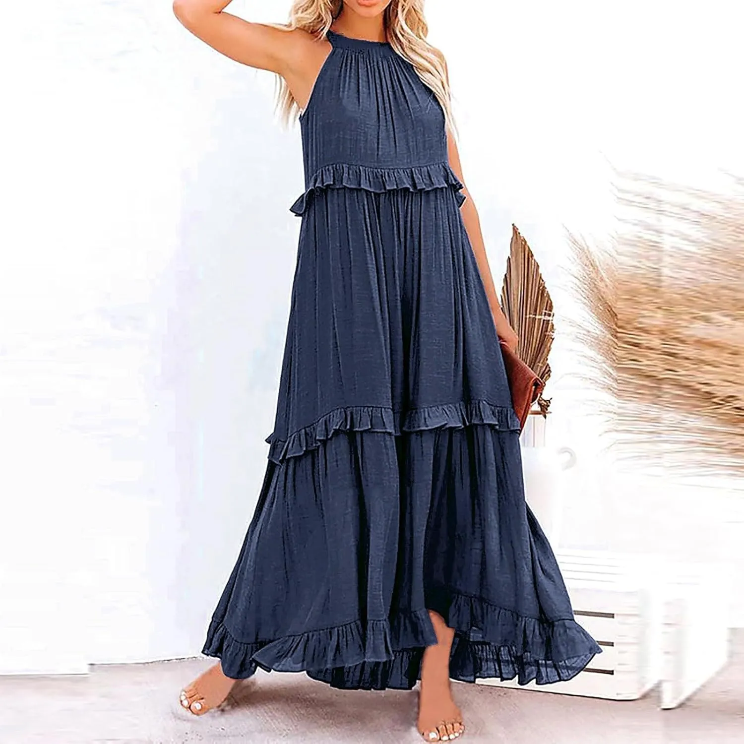 Summer Tiered Dresses For Women 2025 High Neck Pleated A Line Swing Maxi Dresses 2025 Flowy Ruffle Elegant Dress